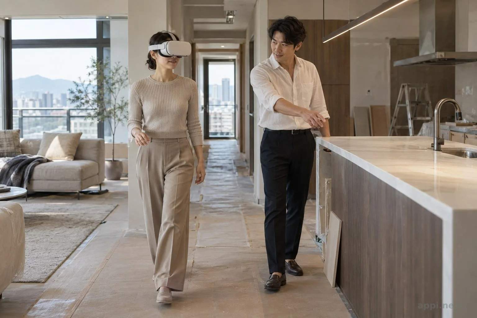 屋主戴著 VR 頭顯走看客廳與廚房通道,設計師在旁指向廚房中島旁的空間。