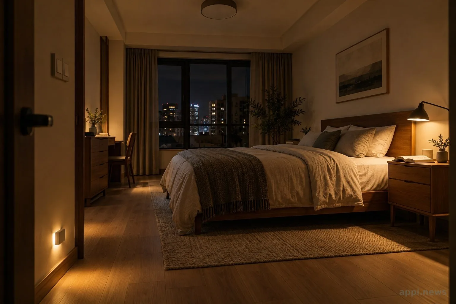 臥室以主燈、床頭閱讀燈與低位夜燈配合不同使用情境
