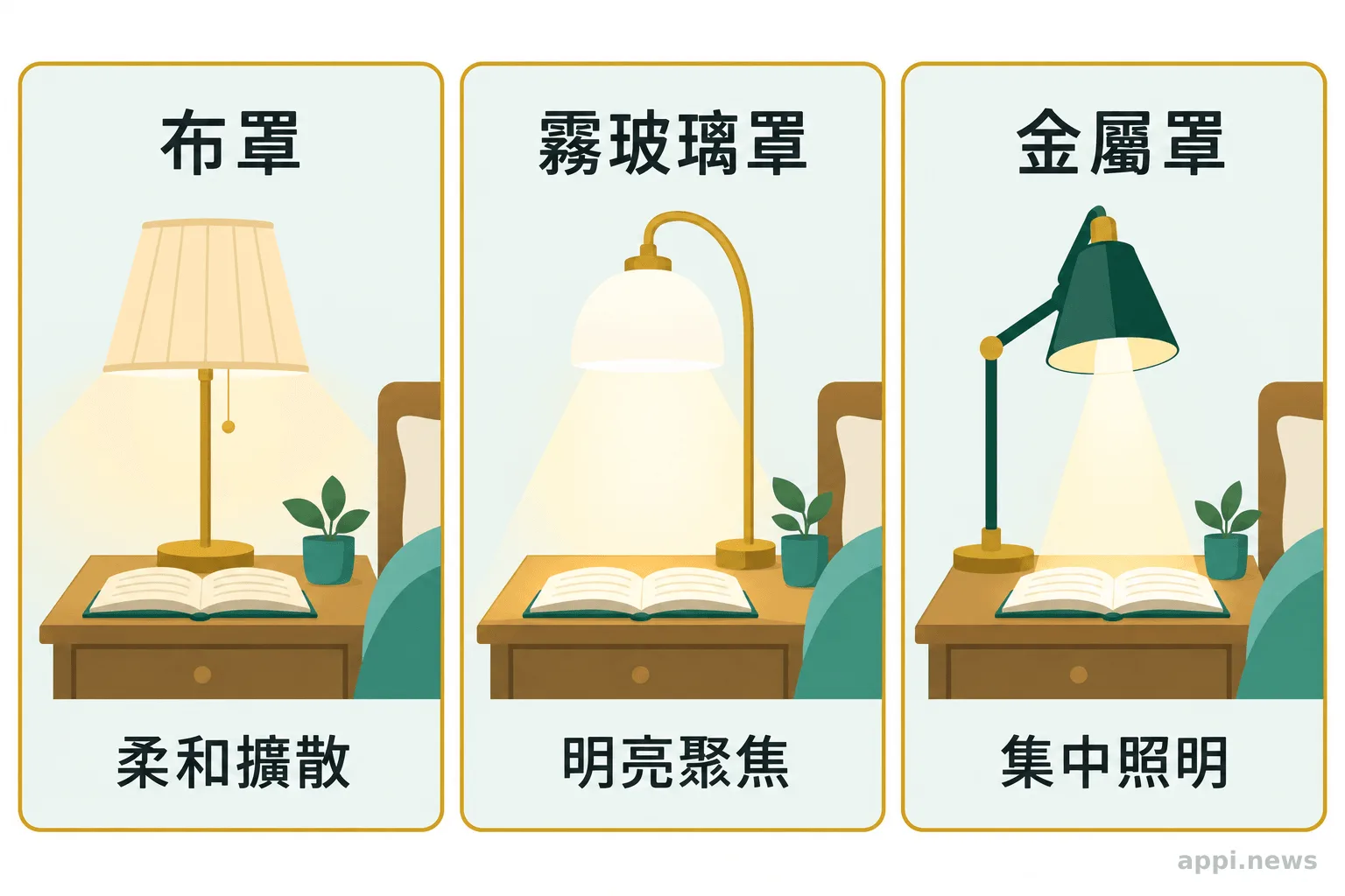 布罩、玻璃罩與金屬罩三種床頭燈罩並列,標示各自光線擴散或聚焦程度
