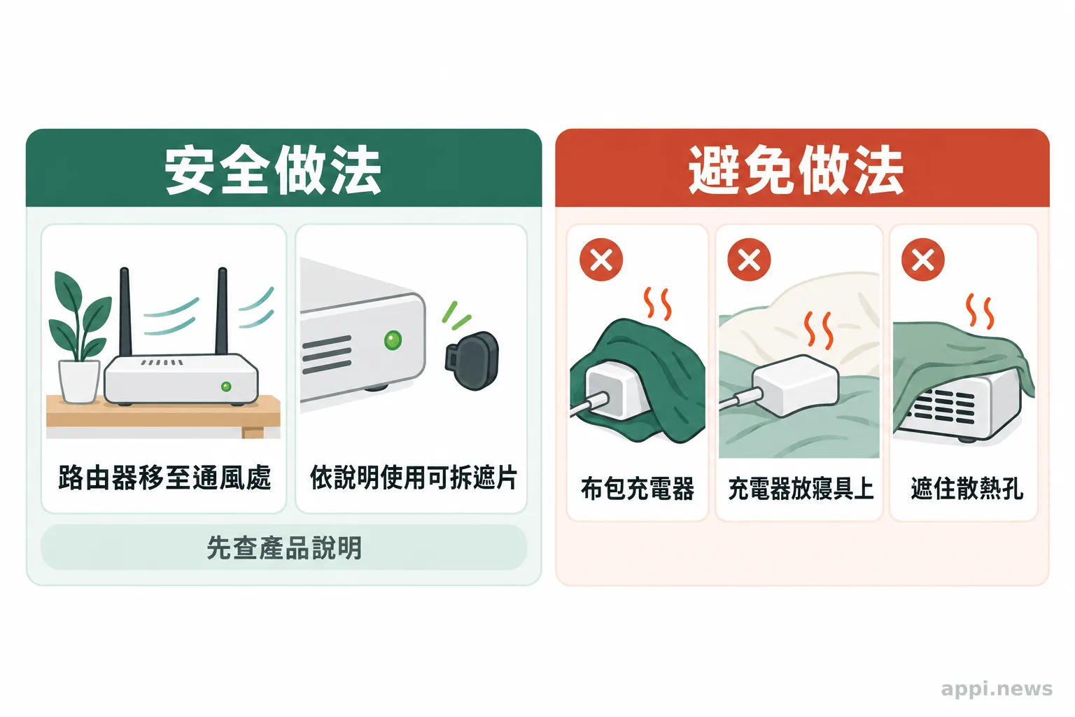 對照圖呈現移到通風處的路由器與可拆式小遮片,並列出以布包住充電器、放在寢具上及遮住散熱孔的作法。