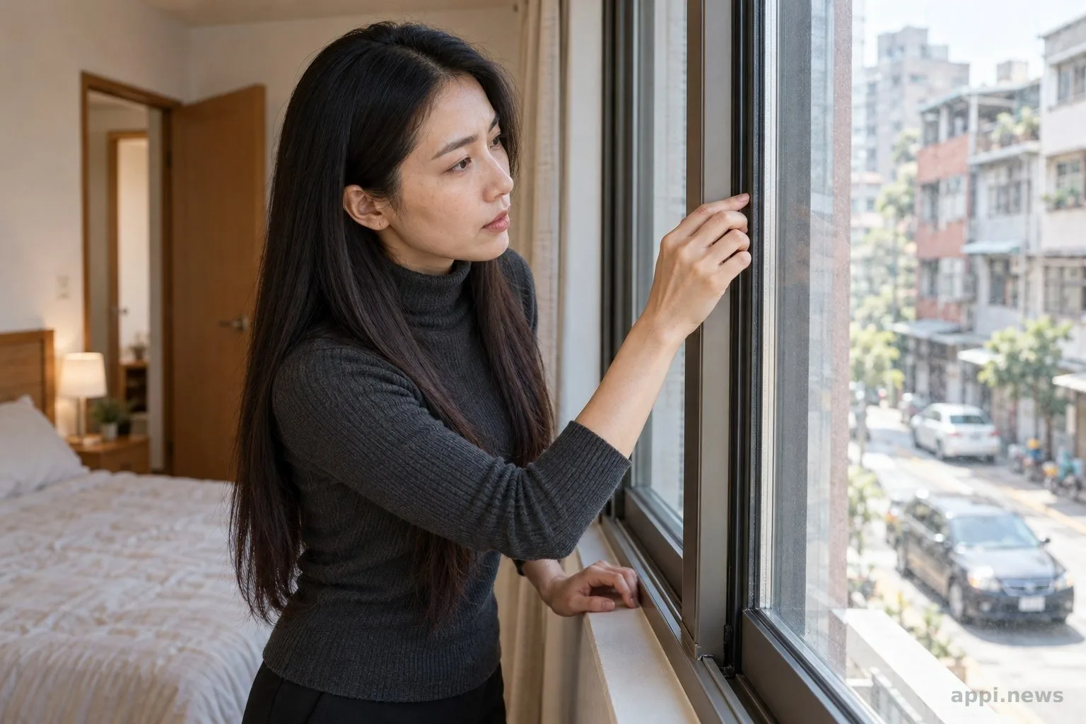 屋主在臥室檢查窗戶密合情況,窗外是道路車流