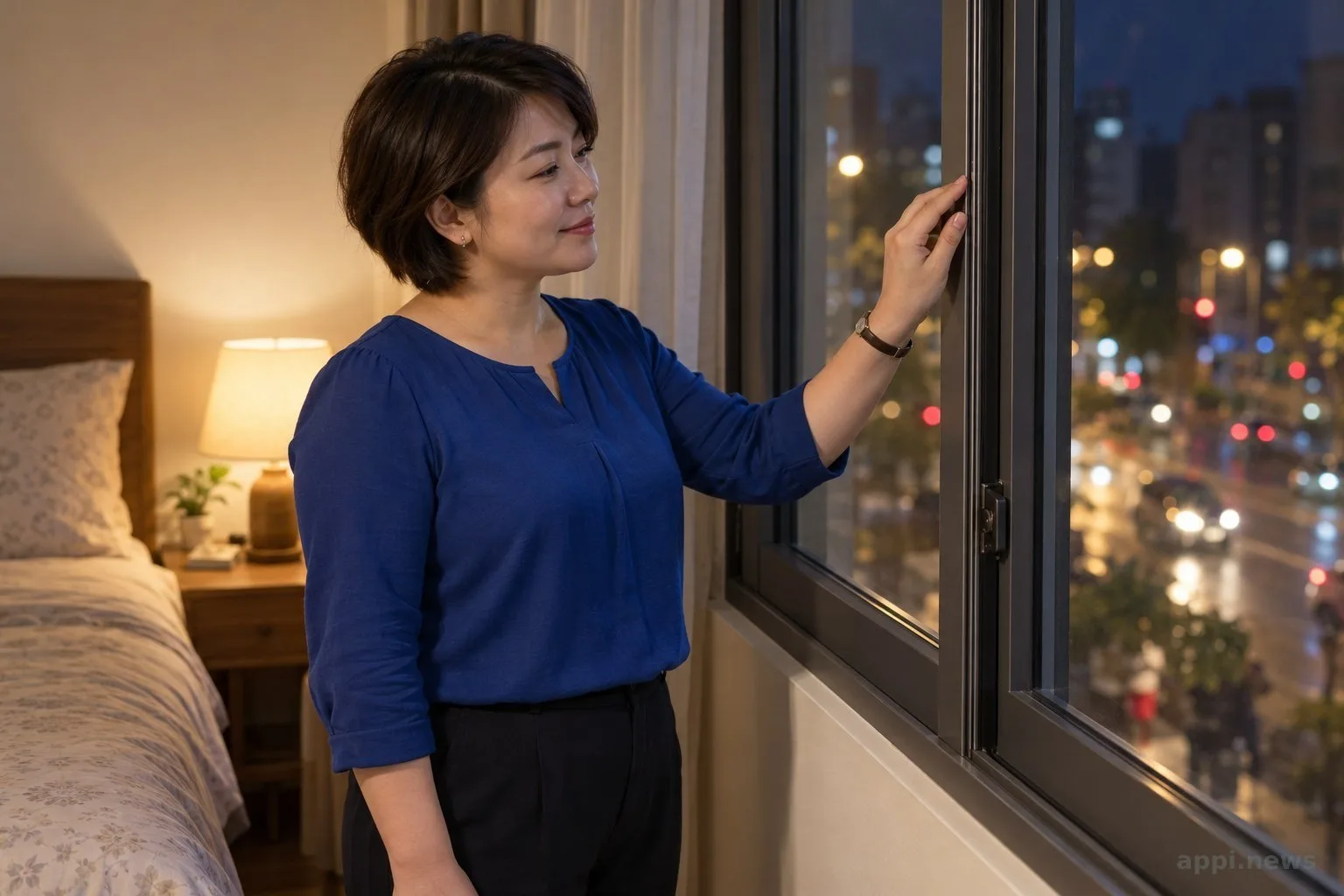 台灣住家臥室裡,一位屋主在夜間檢查面向街道的窗戶邊緣