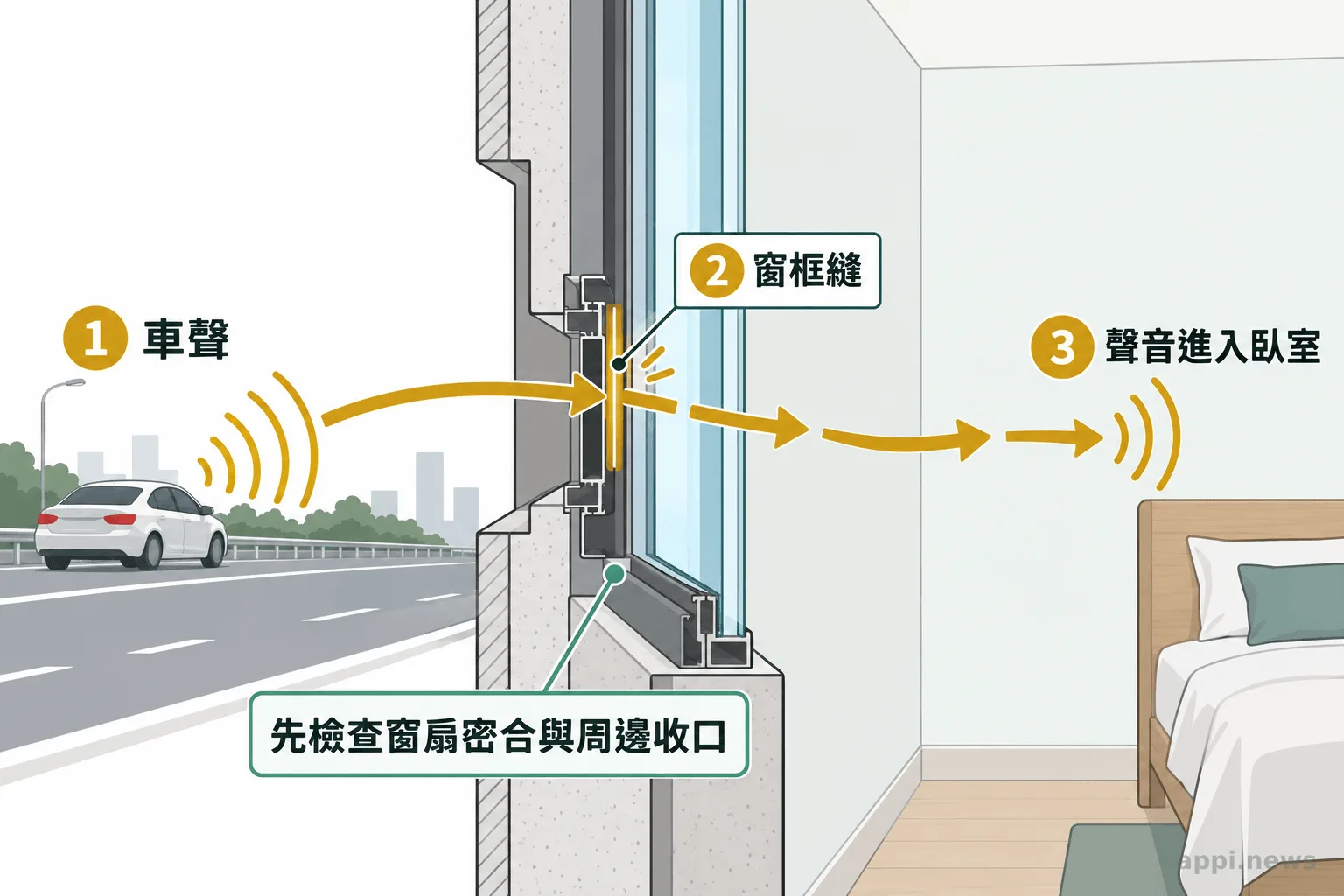 剖面示意以箭頭呈現車聲從窗扇或窗框周邊縫隙傳入臥室