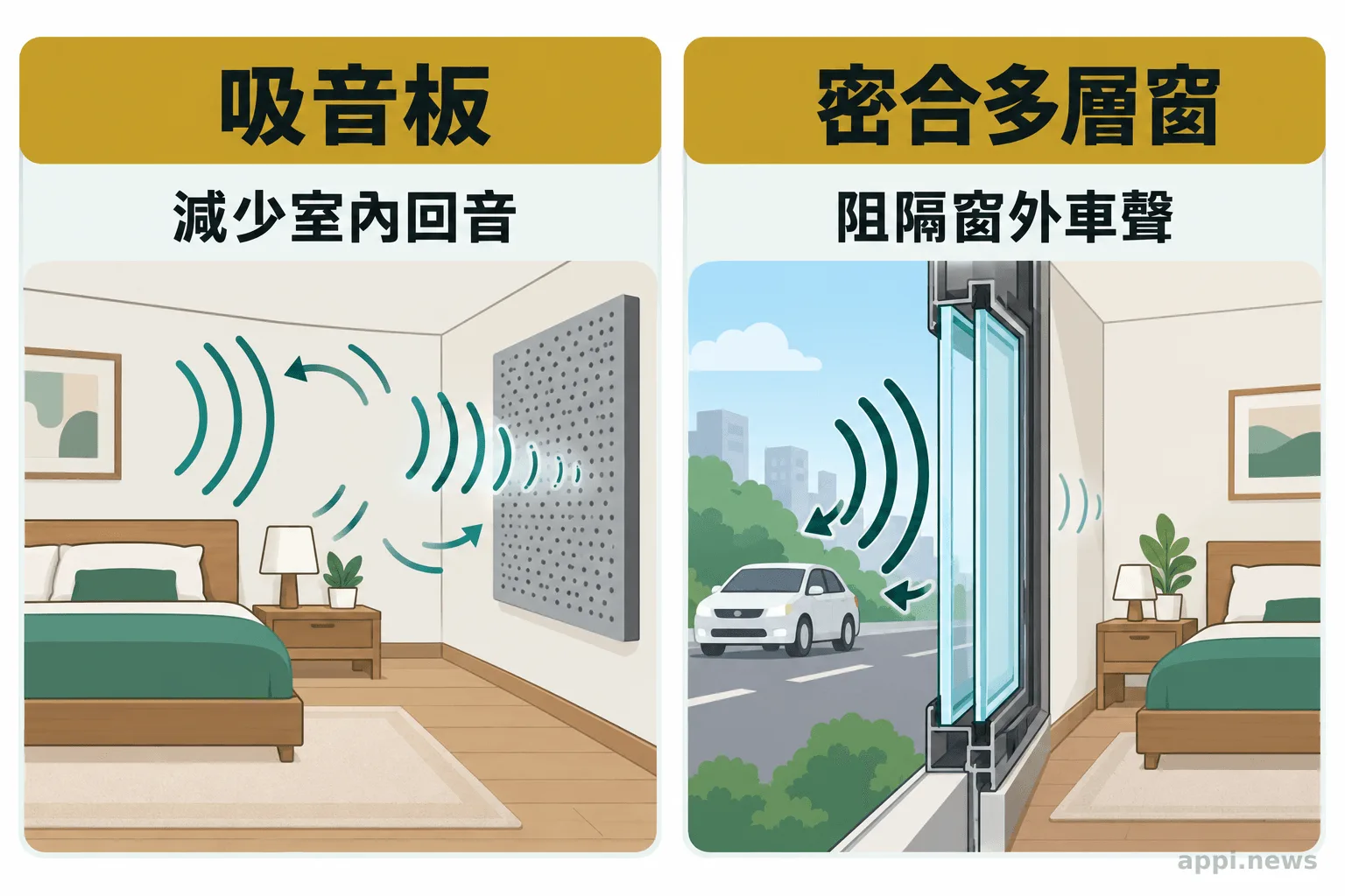 左右兩格分別呈現室內吸音板減少反射,以及密合多層窗限制車聲傳入