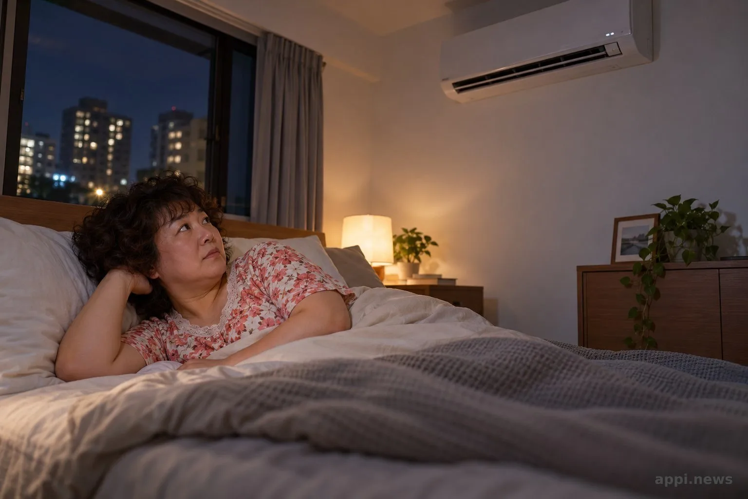 夜晚的臥室裡,一位亞洲成人躺在床上,牆上裝有分離式冷氣。